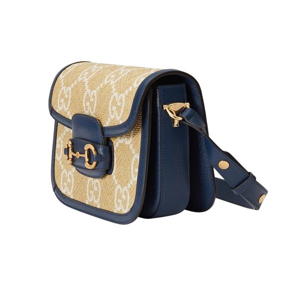 Gucci GG Raffia Calfskin Monogram Horsebit 1955 Mystic White Blue Agata NWT - Picture 11 of 11